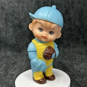 Vintage Squeaky Toy Baseball Catcher Boy #2 Blue Yellow IWAI 1971 Made in Korea